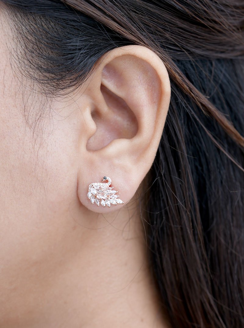 Flaunting Swan Stud Earrings (Pure Silver) - Rose Gold